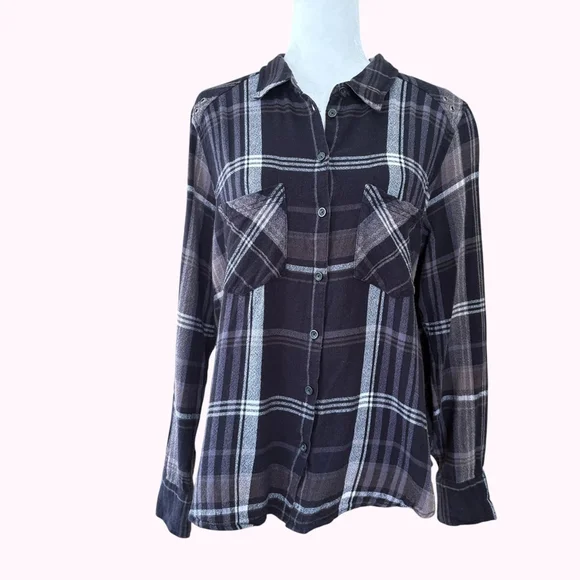 Free People Wesley Plaid Linen Blend Black Gray Sz M - Picture 2 of 9